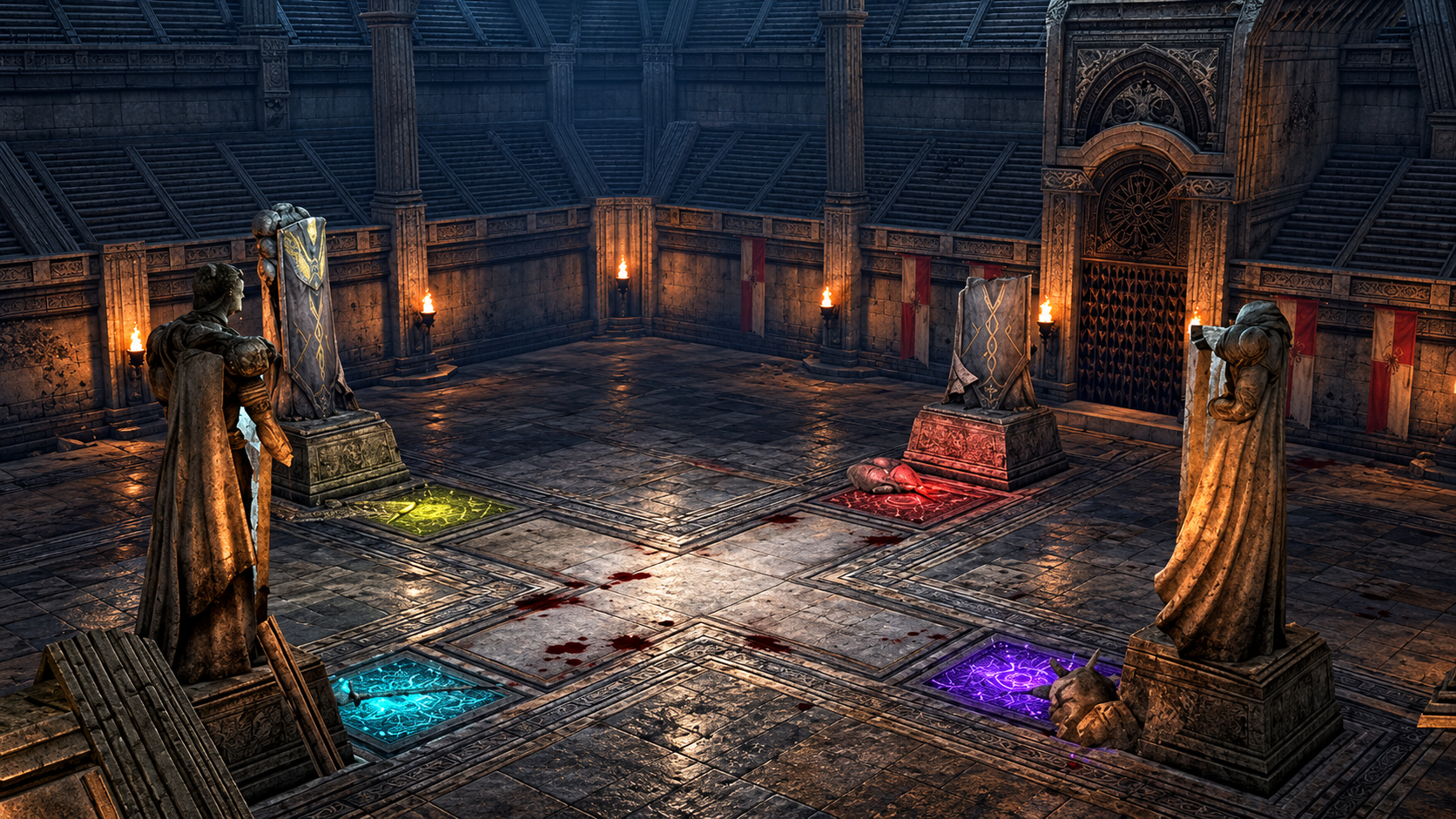Arena de pedra com estátuas guardiãs e símbolos de combate coloridos
